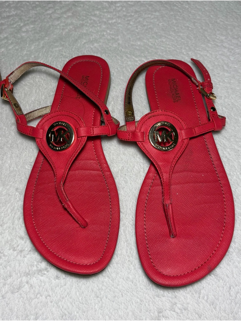 Michael Kors Red Leather Logo Thong Sandals with Gold Emblem